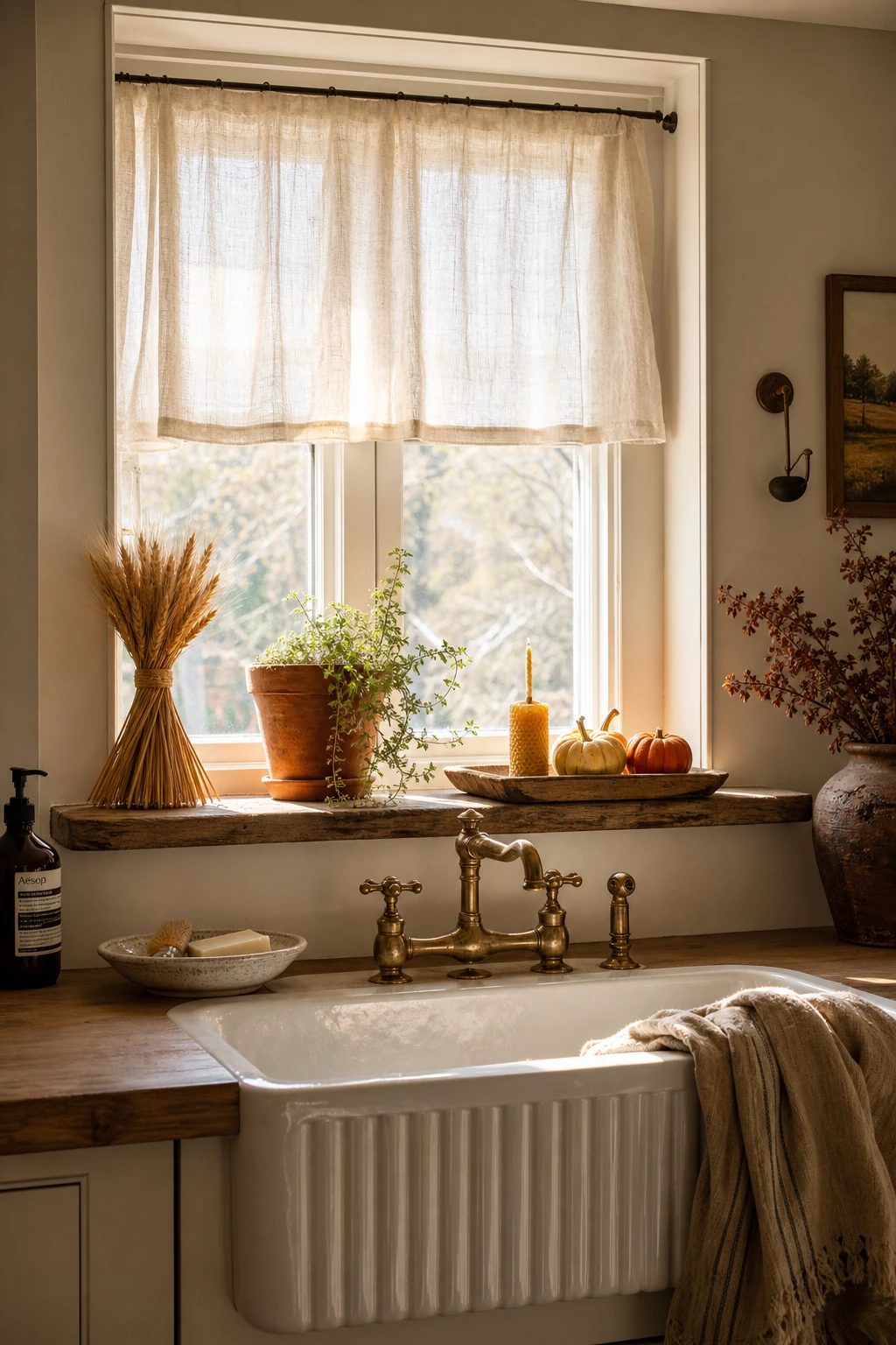 Cozy fall decor kitchen sink window styled with dried botanicals, warm white painted walls, and soft autumn light filtering through sheer curtains