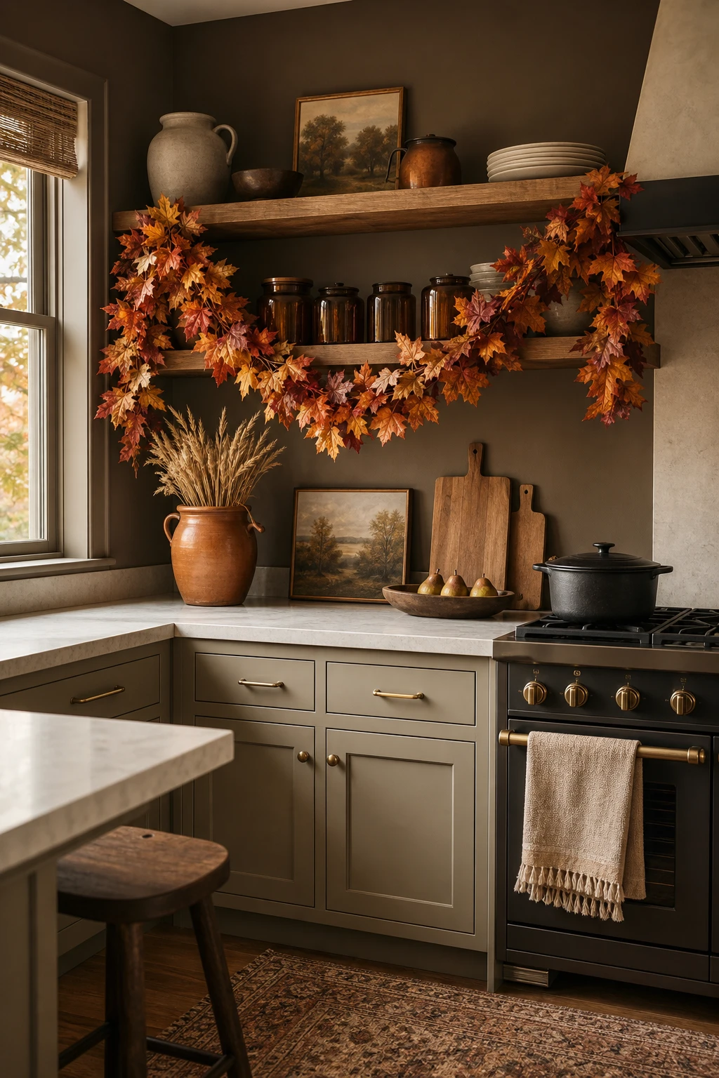 Cozy fall decor kitchen with a leaf garland draped across open shelving, warm amber and rust tones, Farrow and Ball Hay painted walls