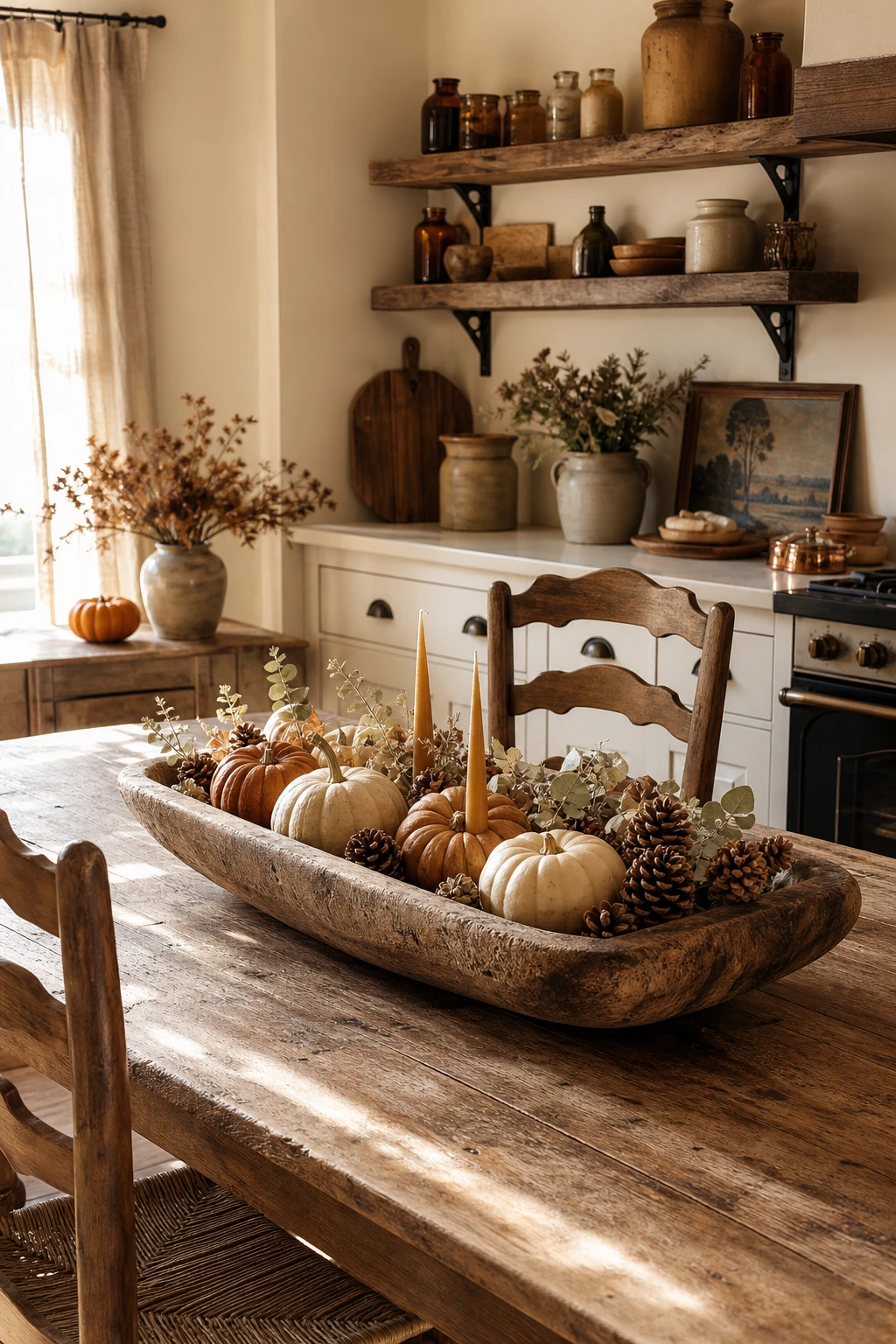 Cozy fall decor kitchen with a rustic dough bowl centerpiece filled with mini pumpkins, pinecones, and dried botanicals on a farmhouse kitchen table