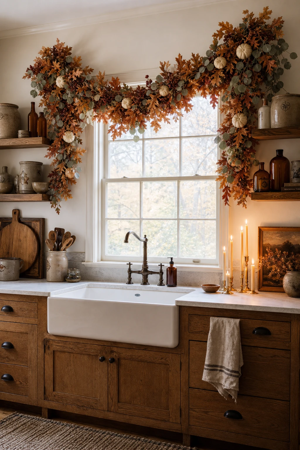 Cozy fall decor kitchen with a warm dried leaf and berry garland draped above a window, soft morning light, Farrow & Ball Bone painted walls