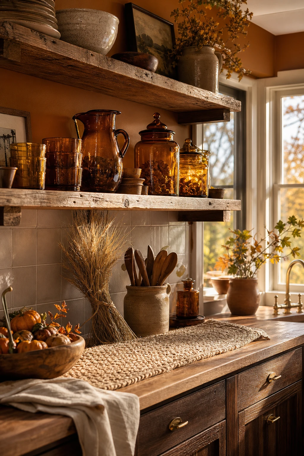 Cozy fall decor kitchen with amber glass vessels glowing on open shelving, warm afternoon light, Farrow & Ball Orangery painted walls, rustic wood and linen accents