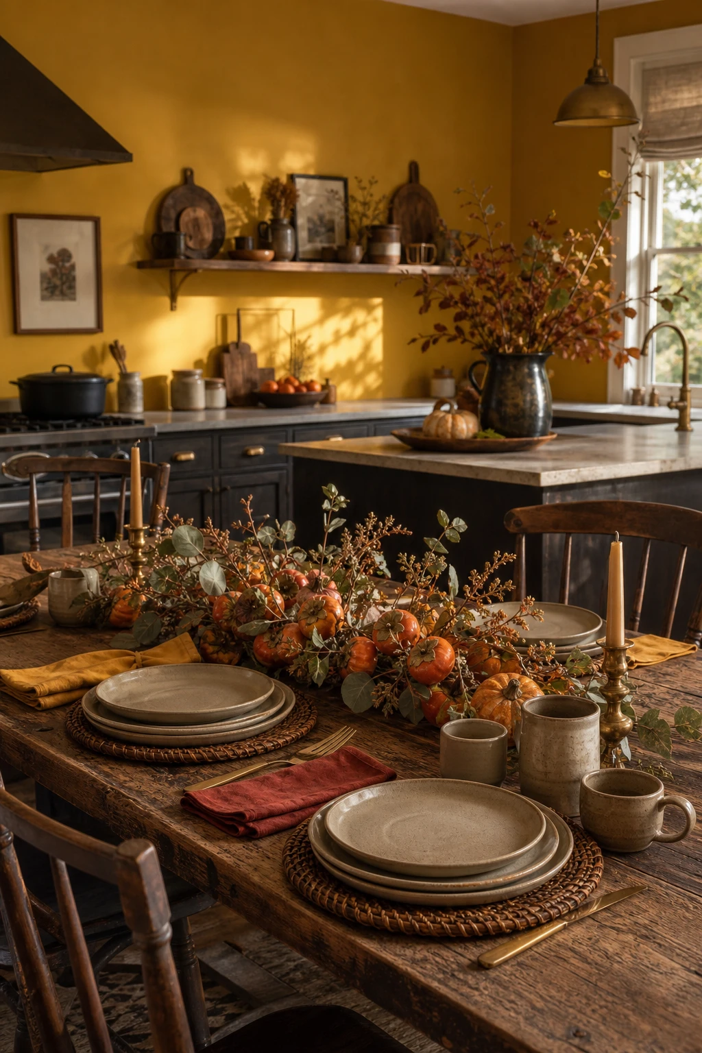 Cozy fall decor kitchen with an autumn table setting as the hero, layered plates, linen napkins, a small natural centrepiece, and warm India Yellow walls