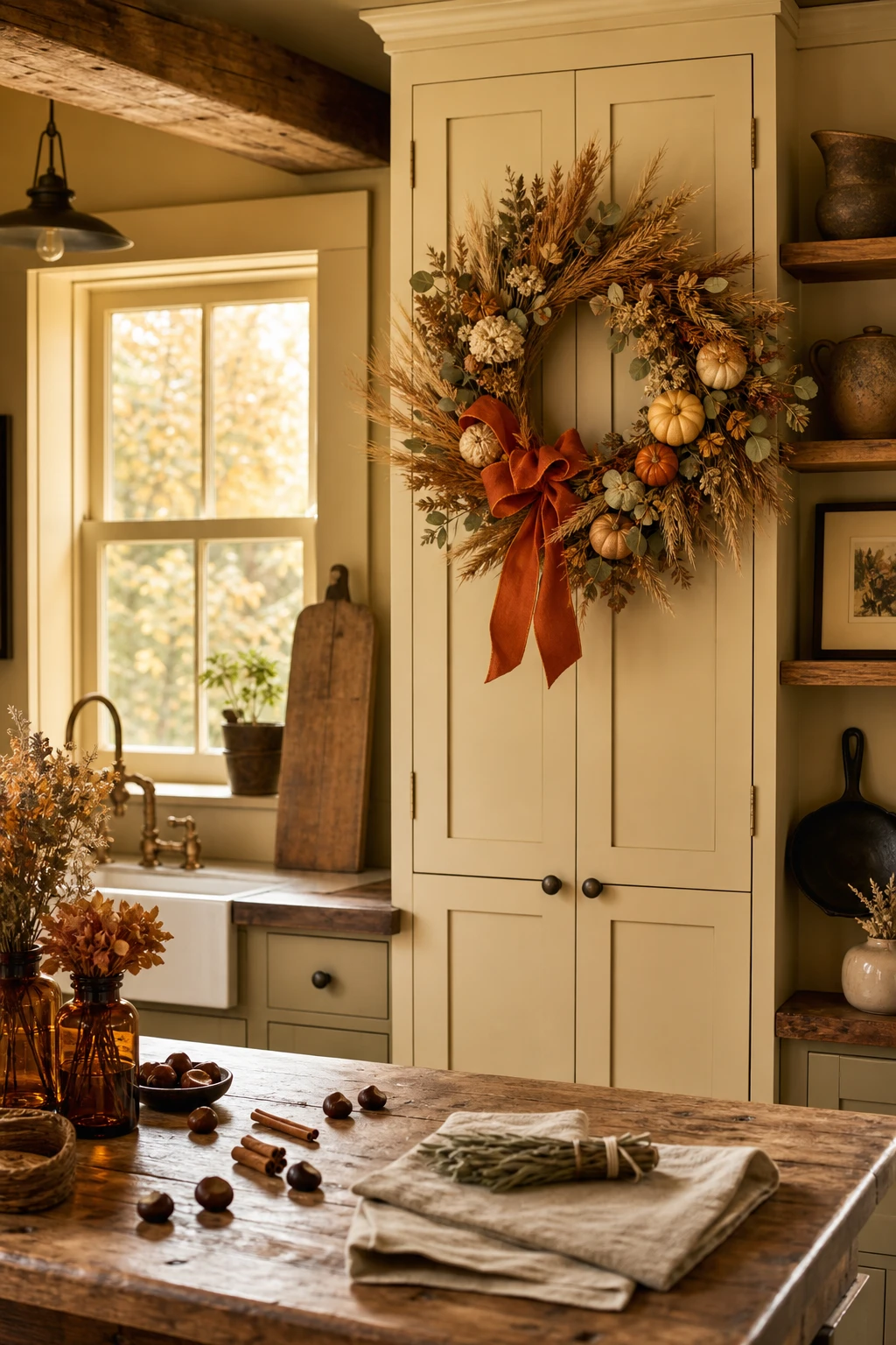 Cozy fall decor kitchen with an autumn wreath hung on a cabinet door, dried botanicals, warm candlelight, and Farrow & Ball Straw painted walls
