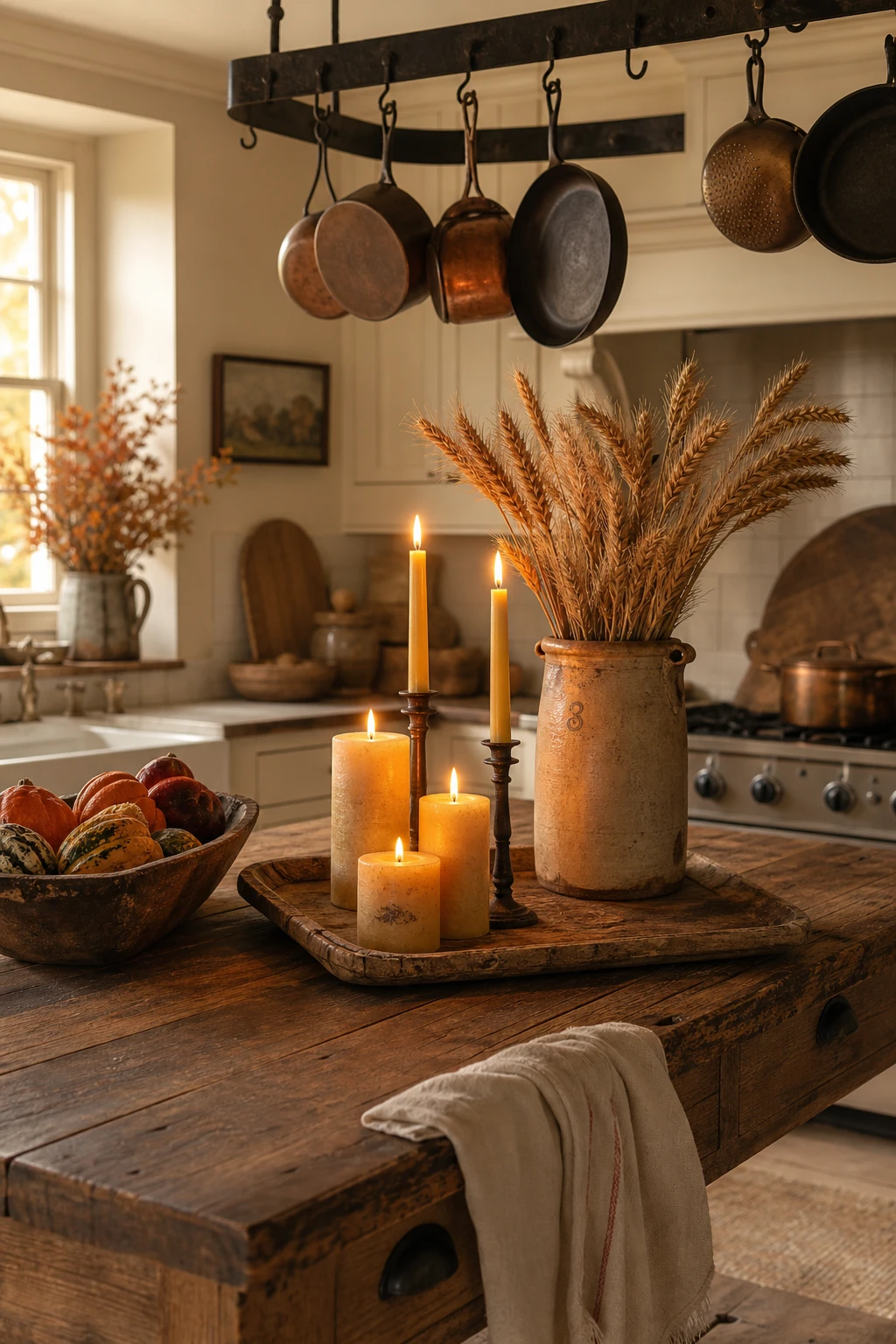 Cozy fall decor kitchen with candle clusters of varying heights grouped on a wooden counter, warm flickering light, rich autumn tones throughout