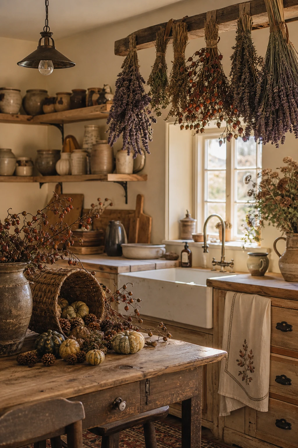 Cozy fall decor kitchen with cottagecore warmth, dried botanicals, handmade ceramics, warm cream painted walls and rustic wood surfaces in soft autumn light