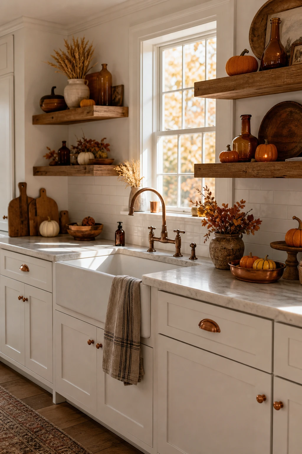 Cozy fall decor kitchen with farmhouse shaker cabinets in All White, open shelves with pumpkins, copper hardware, and warm autumn light streaming through a window