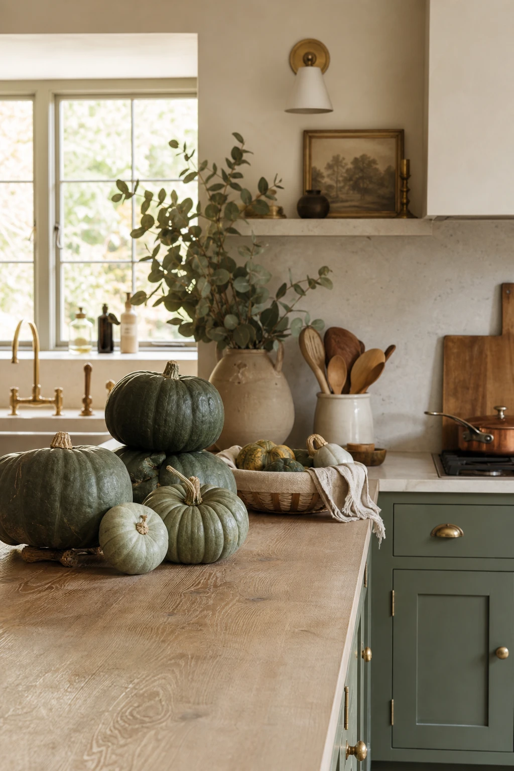 Cozy fall decor kitchen with green pumpkins as hero on a wooden countertop beside sage green cabinetry, warm natural light, magazine quality interior photography.