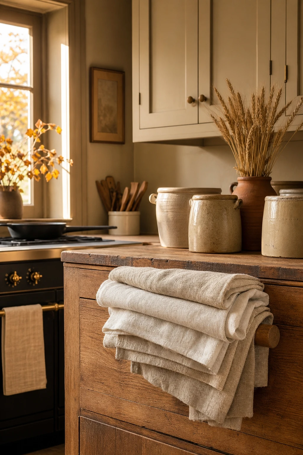Cozy fall decor kitchen with linen texture towels as hero, warm amber light, wooden countertop, ceramic crocks, and Farrow & Ball Tallow painted walls