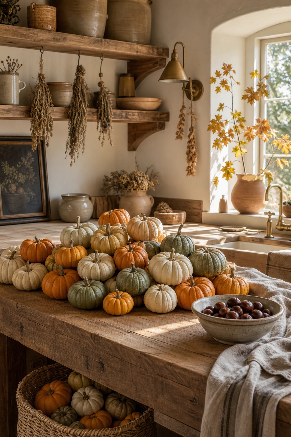 Cozy fall decor kitchen with mini pumpkin clusters grouped on a wooden countertop, warm amber light, open shelves, and Farrow and Ball Joas White painted walls