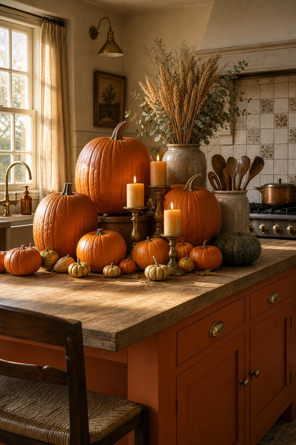 Cozy fall decor kitchen with orange pumpkins clustered on a farmhouse counter, warm candlelight, dried botanicals, and Farrow & Ball Dutch Orange painted cabinetry