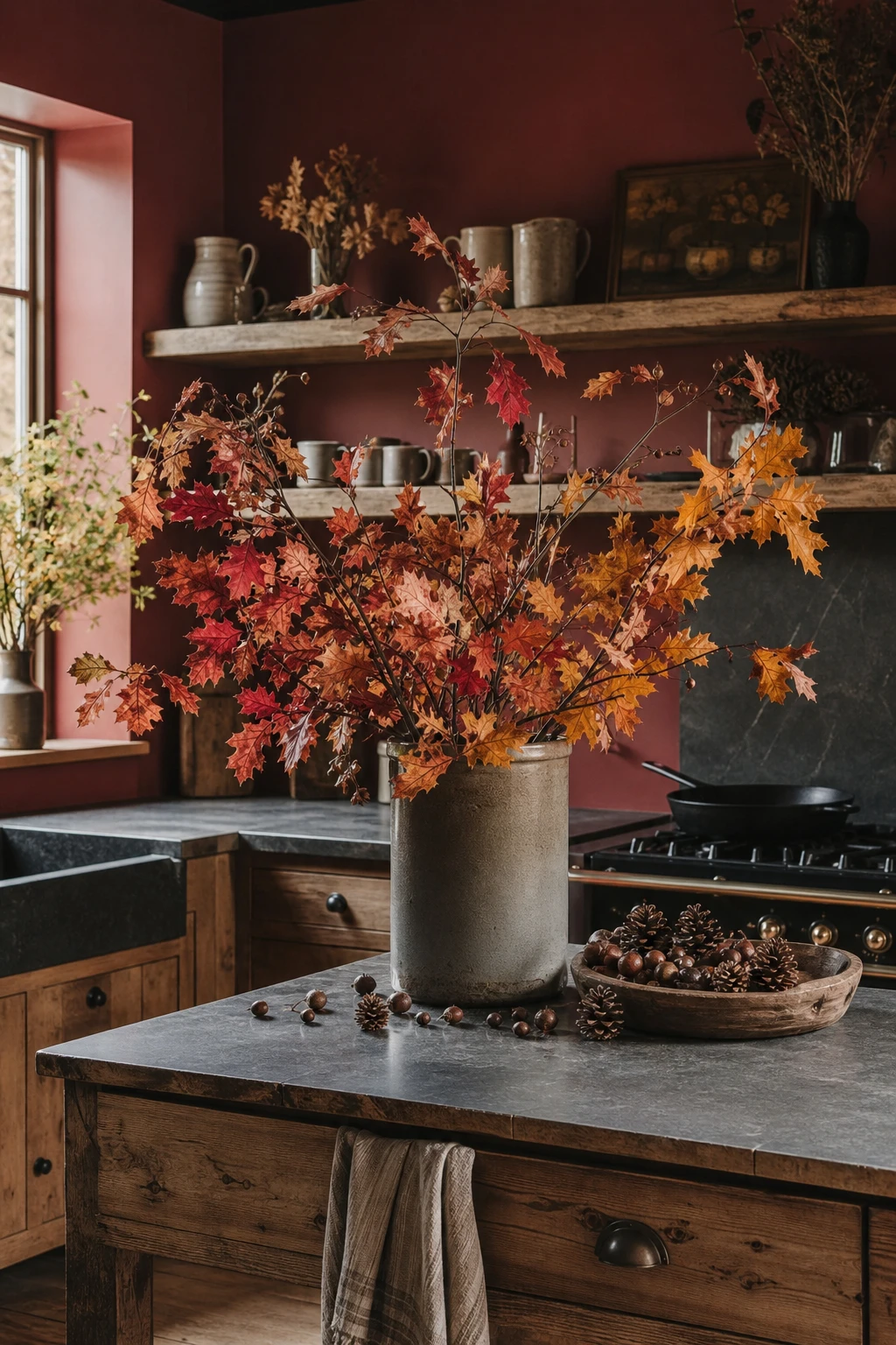 Cozy fall decor kitchen with real foliage stems as hero, branches of red and amber leaves in a stoneware crock, warm morning light, Farrow and Ball Fox Red painted walls