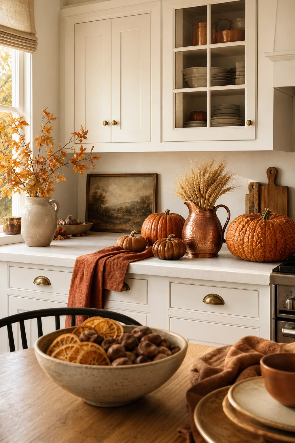 Cozy fall decor kitchen with white cabinets as hero backdrop, warm autumn accents in pumpkins, copper vessels, and dried botanicals under soft morning light