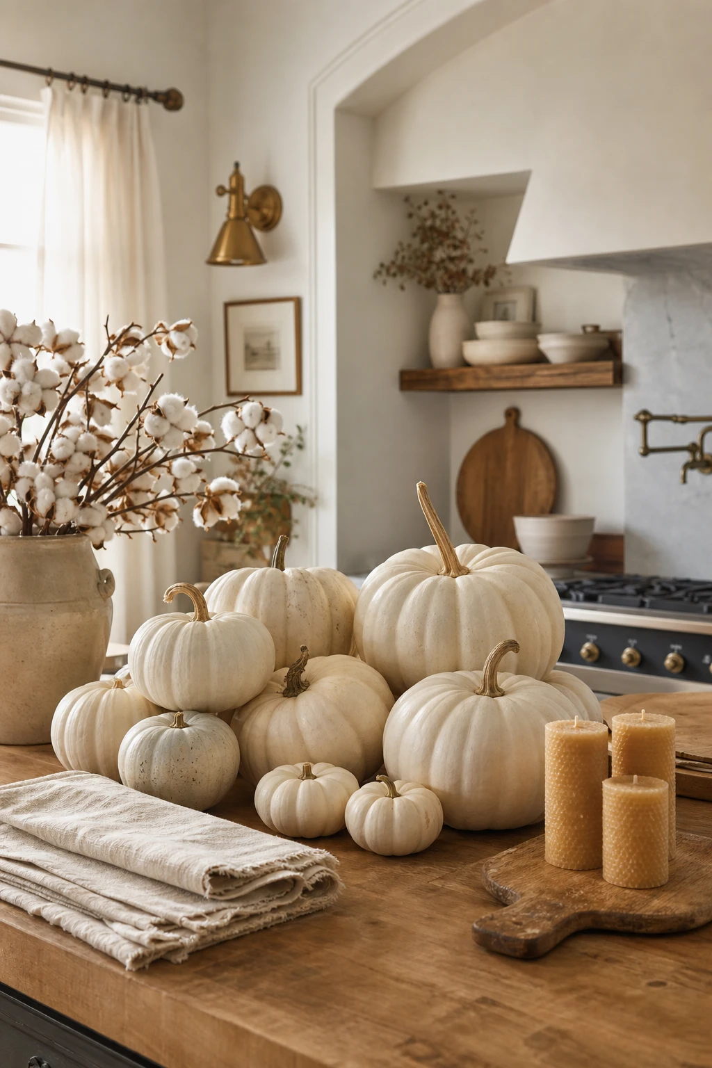 Cozy fall decor kitchen with white pumpkins clustered on a farmhouse counter beside warm candlelight, soft linen, and aged wood accents