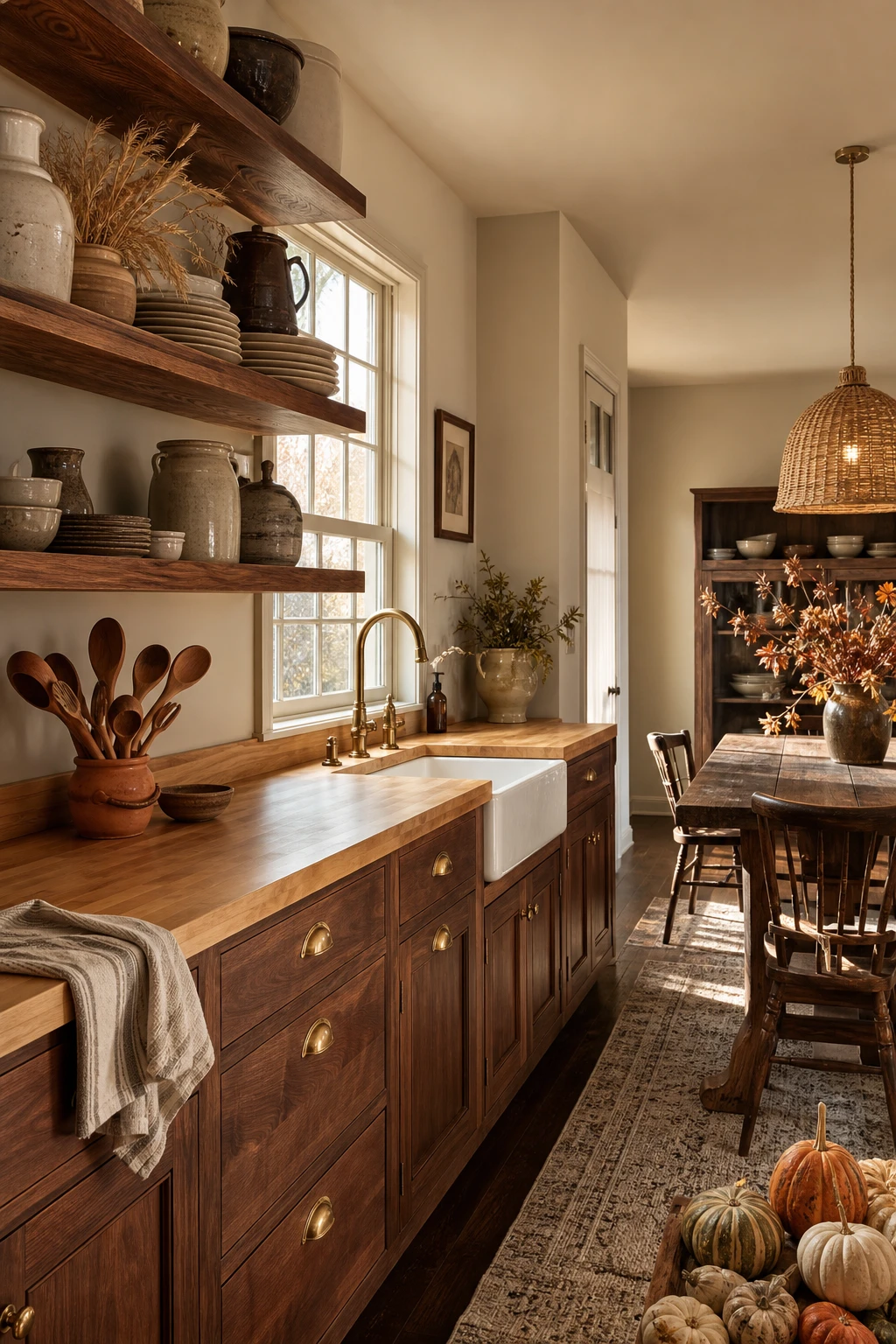 Cozy fall decor kitchen with wood warmth as the hero, featuring butcher block counters, open shelving, and Farrow & Ball Drop Cloth painted walls