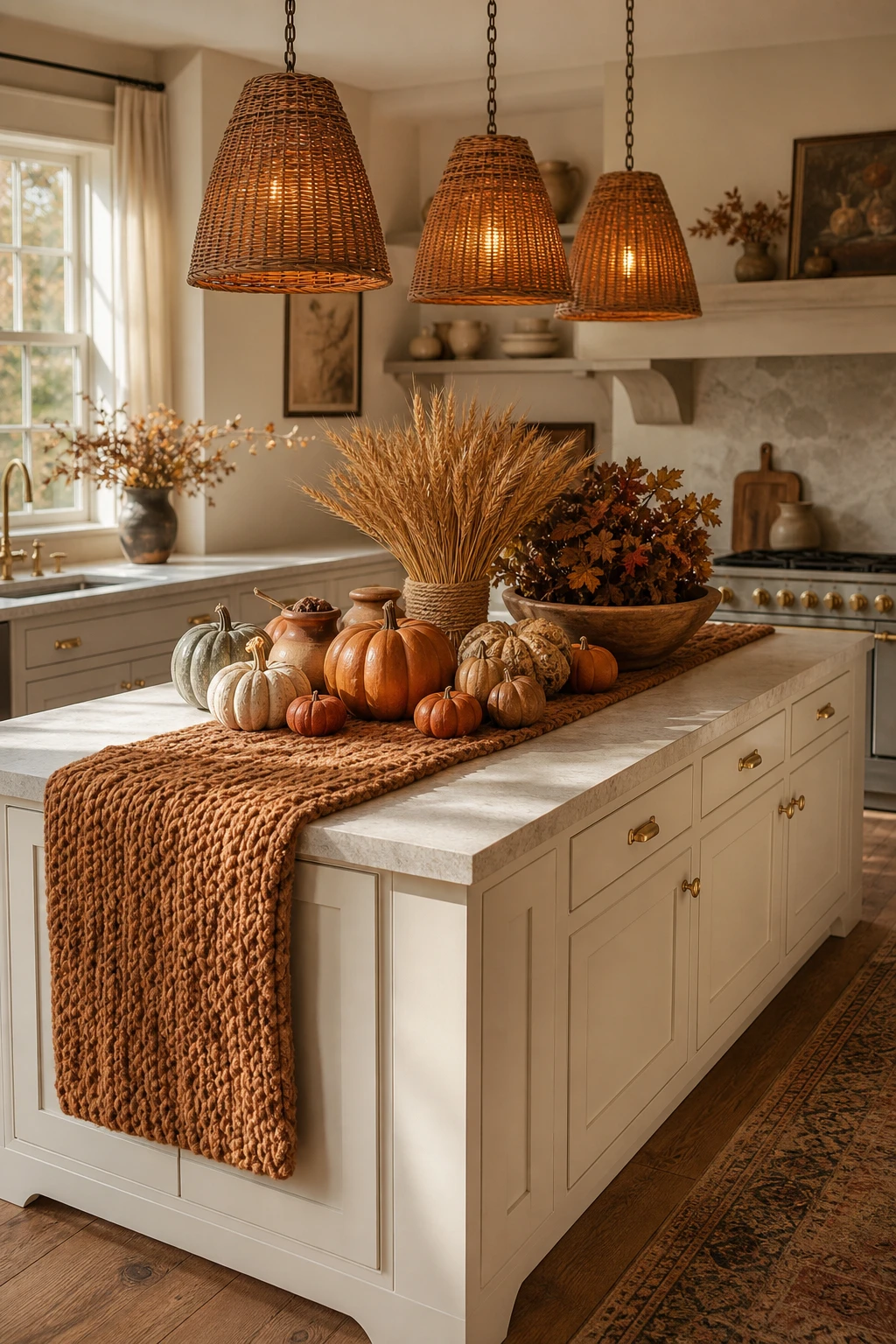 Cozy fall kitchen with a styled island as the hero, featuring pumpkins, warm textiles, and Farrow & Ball Clunch painted cabinetry in soft natural light