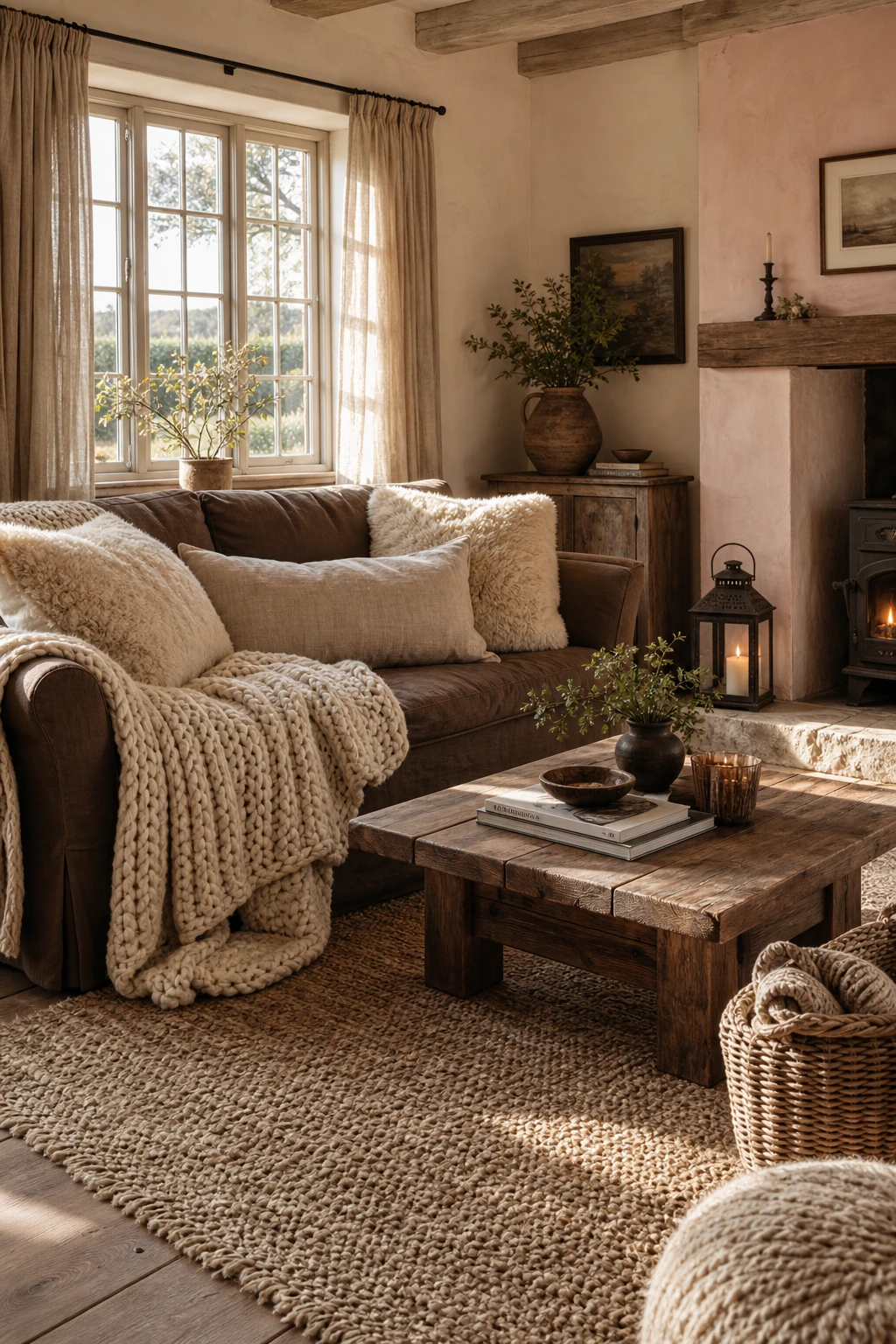 Cozy farmhouse Brown And Cream Living Room with chunky knit throws, linen cushions, and shearling accents on a wide plank wood floor