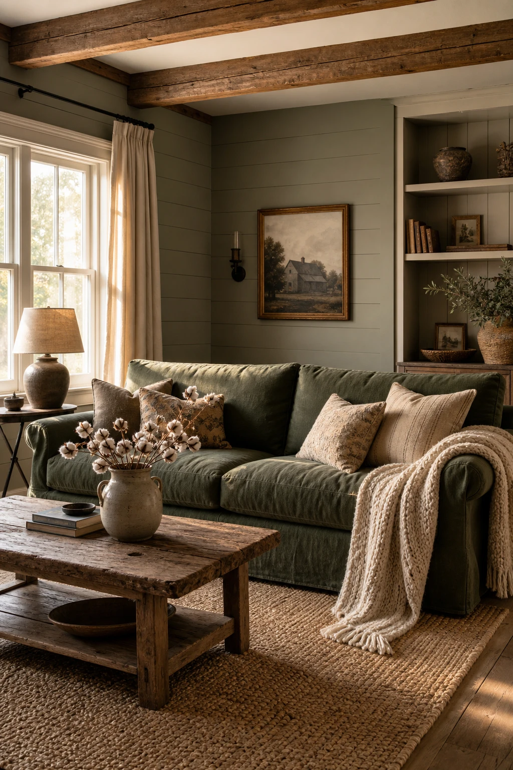 Cozy farmhouse living room with a green sofa as the hero, shiplap walls in Farrow and Ball Green Stone, wooden beams, woven rug, and warm afternoon light