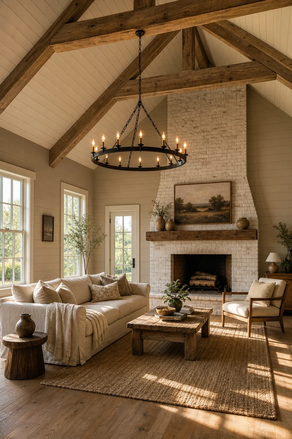 Cozy farmhouse vaulted living room with exposed wood beams, shiplap walls in warm neutral paint, linen sofa, woven rug, and soft afternoon light