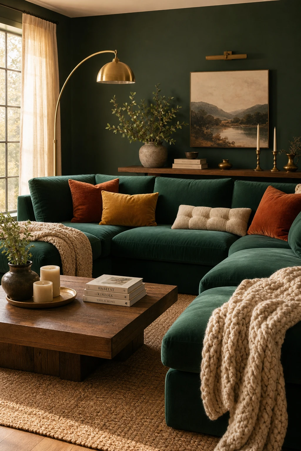 Cozy living room anchored by an emerald green sectional sofa with warm ambient lighting, layered textiles, and a dark accent wall painted in Farrow & Ball Emerald Green