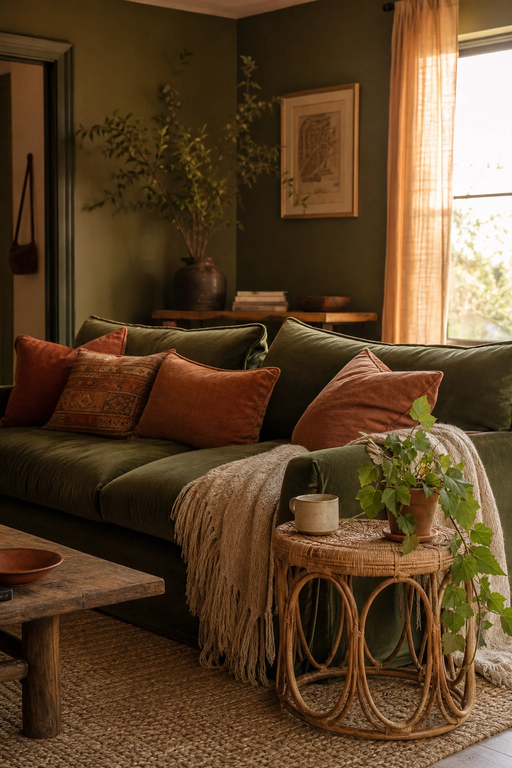 Cozy living room centered on a deep moss green sofa with warm earthy accents, terracotta cushions, rattan side table, and Farrow and Ball Olive painted walls