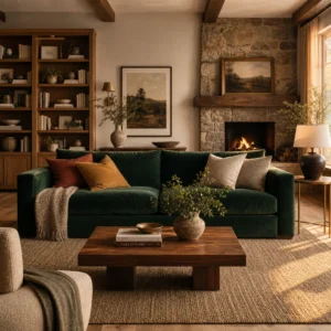 Cozy living room with a deep forest green velvet sofa anchoring a layered scene of walnut wood, a stone fireplace, jute rug, and rust and oatmeal cushions in warm late afternoon light.