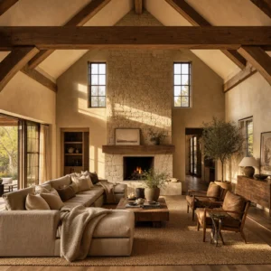 Cozy vaulted living room with exposed timber beams, a floor-to-ceiling stone fireplace rising to the ridge, clerestory windows, and a deep sectional sofa in warm afternoon light.