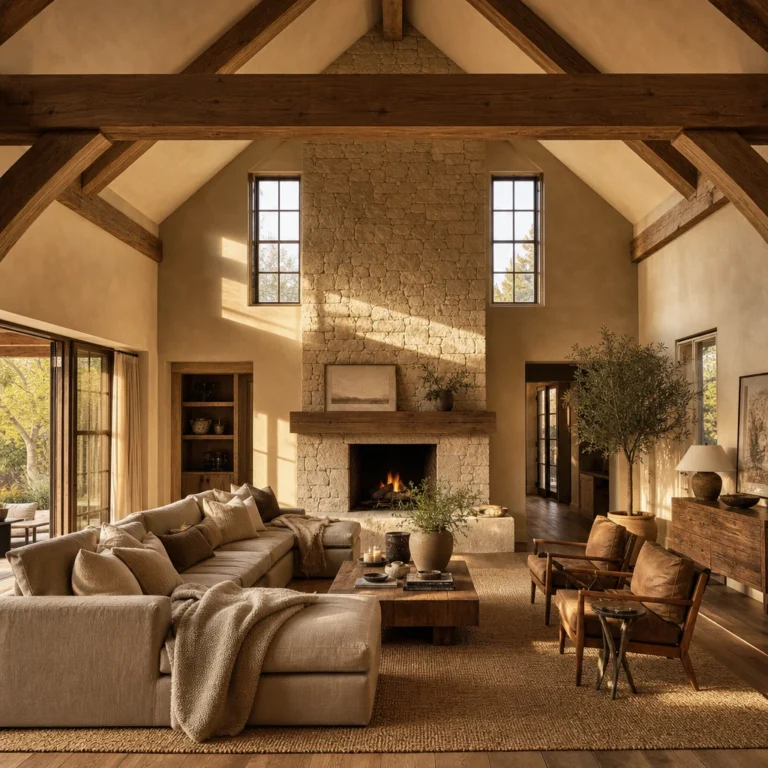 Cozy vaulted living room with exposed timber beams, a floor-to-ceiling stone fireplace rising to the ridge, clerestory windows, and a deep sectional sofa in warm afternoon light.