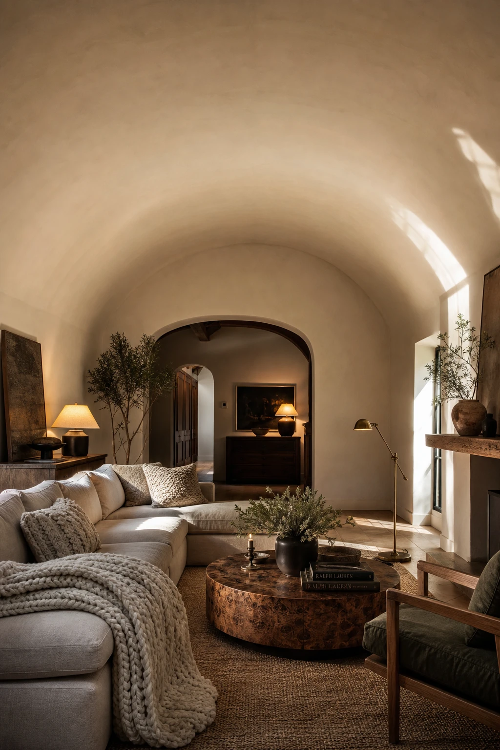 Cozy living room with a barrel vault arch ceiling painted in Farrow and Ball Dimity, warm furnishings, plush sofa, timber beams and soft lamplight