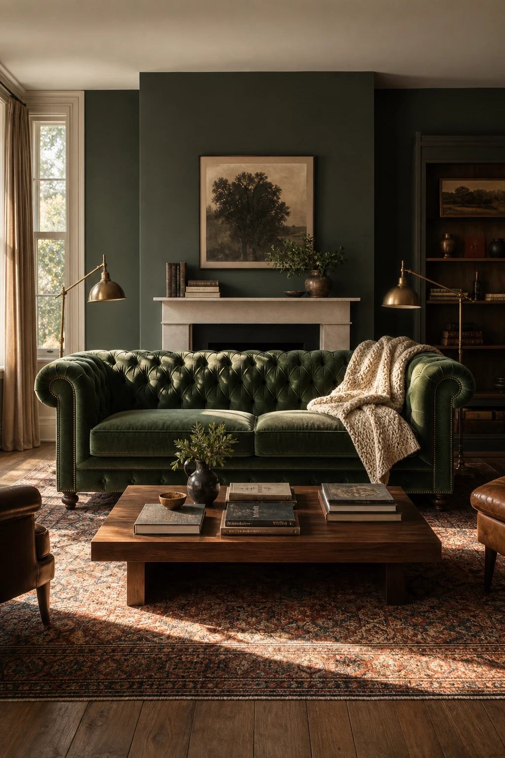 Cozy living room with a deep green Chesterfield sofa as the focal point, tufted velvet upholstery, warm brass accents, and rich layered textiles