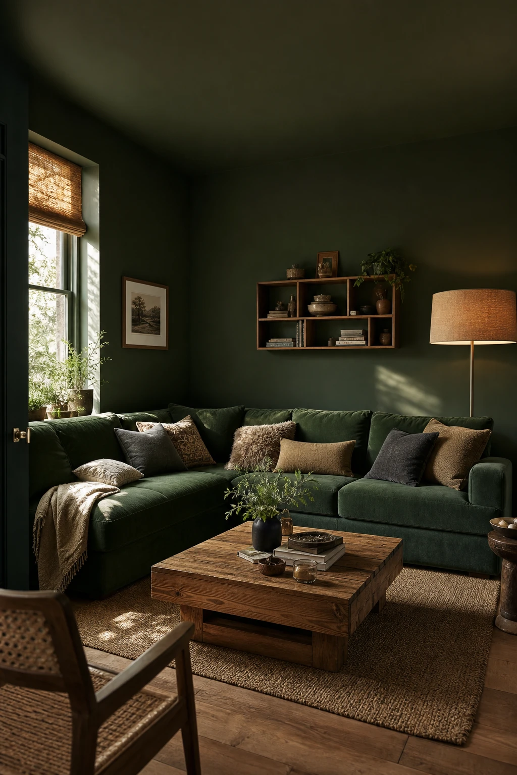 Cozy living room with a deep green corner sofa anchored in the corner, warm lamplight, textured cushions, and Farrow and Ball Bancha painted walls