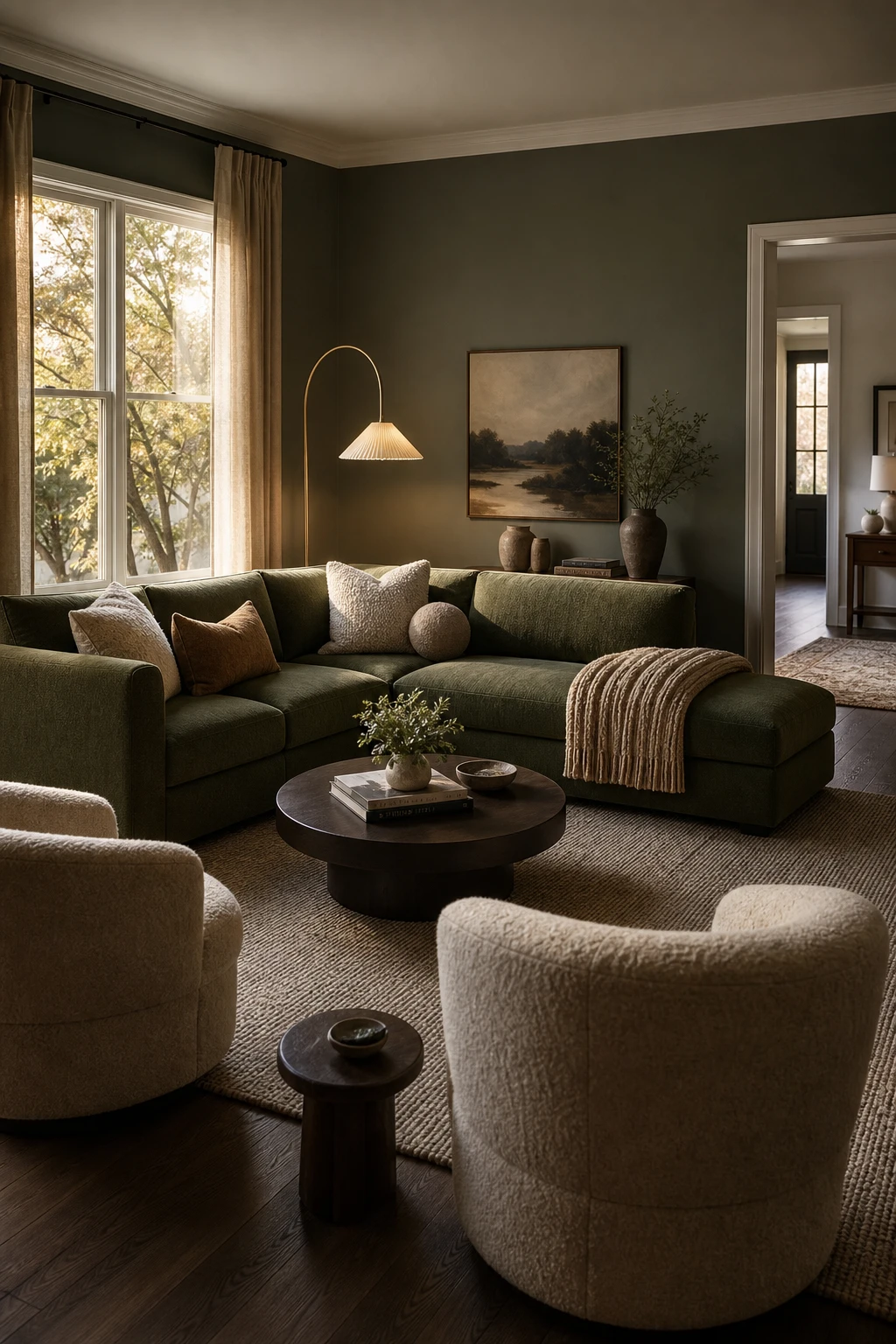 Cozy living room with a deep green L shaped sofa as the focal point, styled with layered cushions, a wool rug, and warm lamp light on Farrow and Ball Green Smoke walls