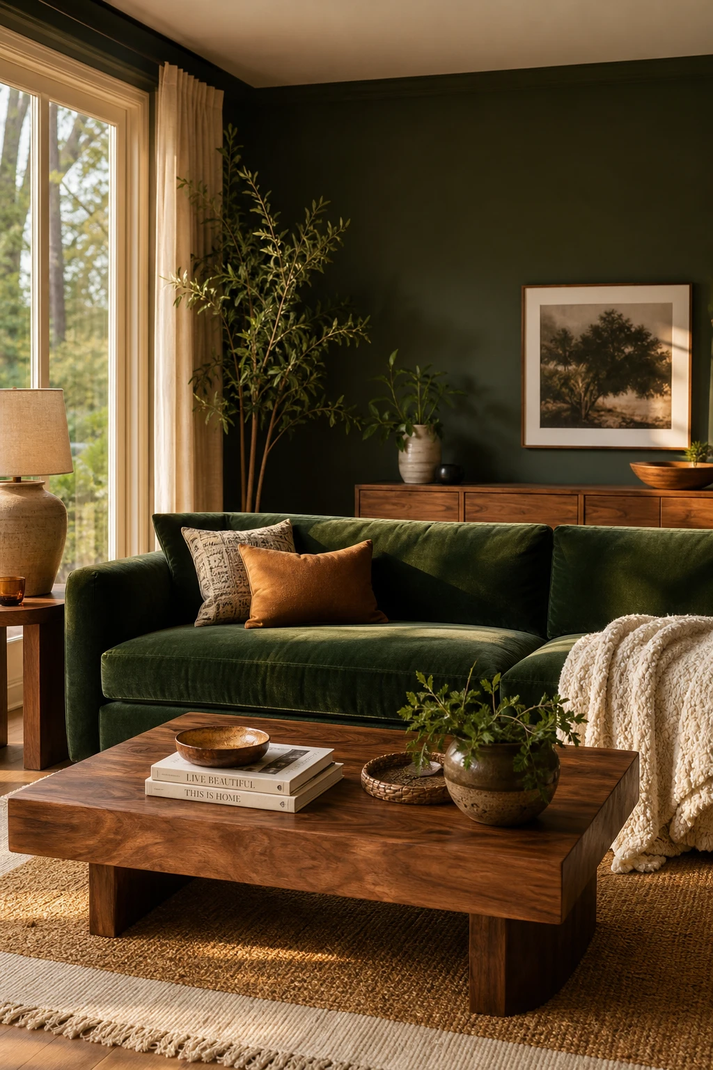 Cozy living room with a deep green sofa paired with walnut wood furniture, warm evening light, and Farrow & Ball Sap Green painted walls