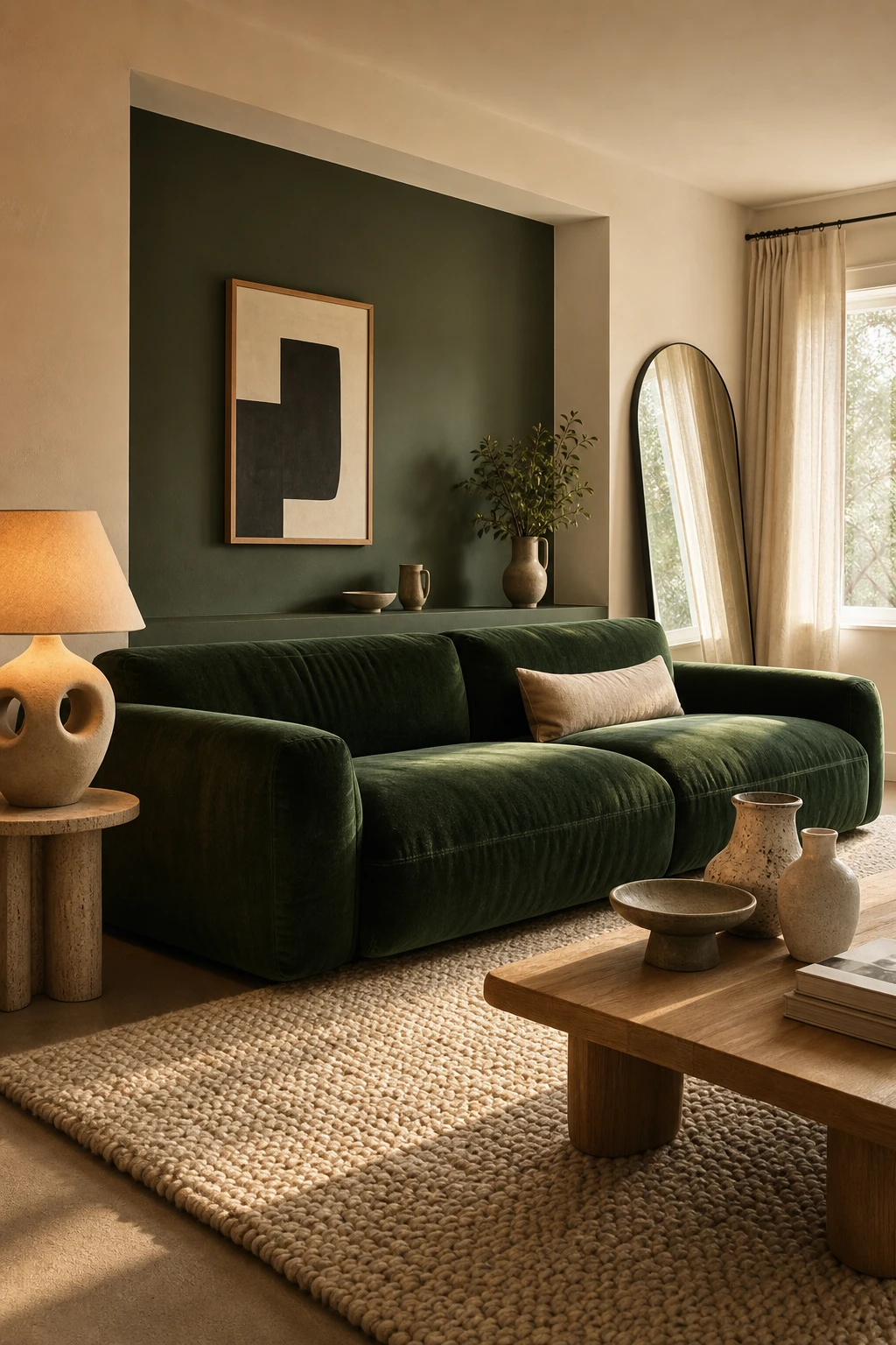 Cozy living room with a deep green velvet sofa as the focal point, warm lamplight, cream plaster walls in Farrow and Ball Studio Green accents, layered textiles