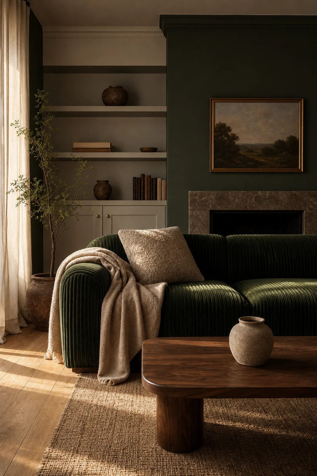 Cozy living room with a deep velvet green sofa as the hero, showing rich texture detail against warm neutral walls and soft natural light