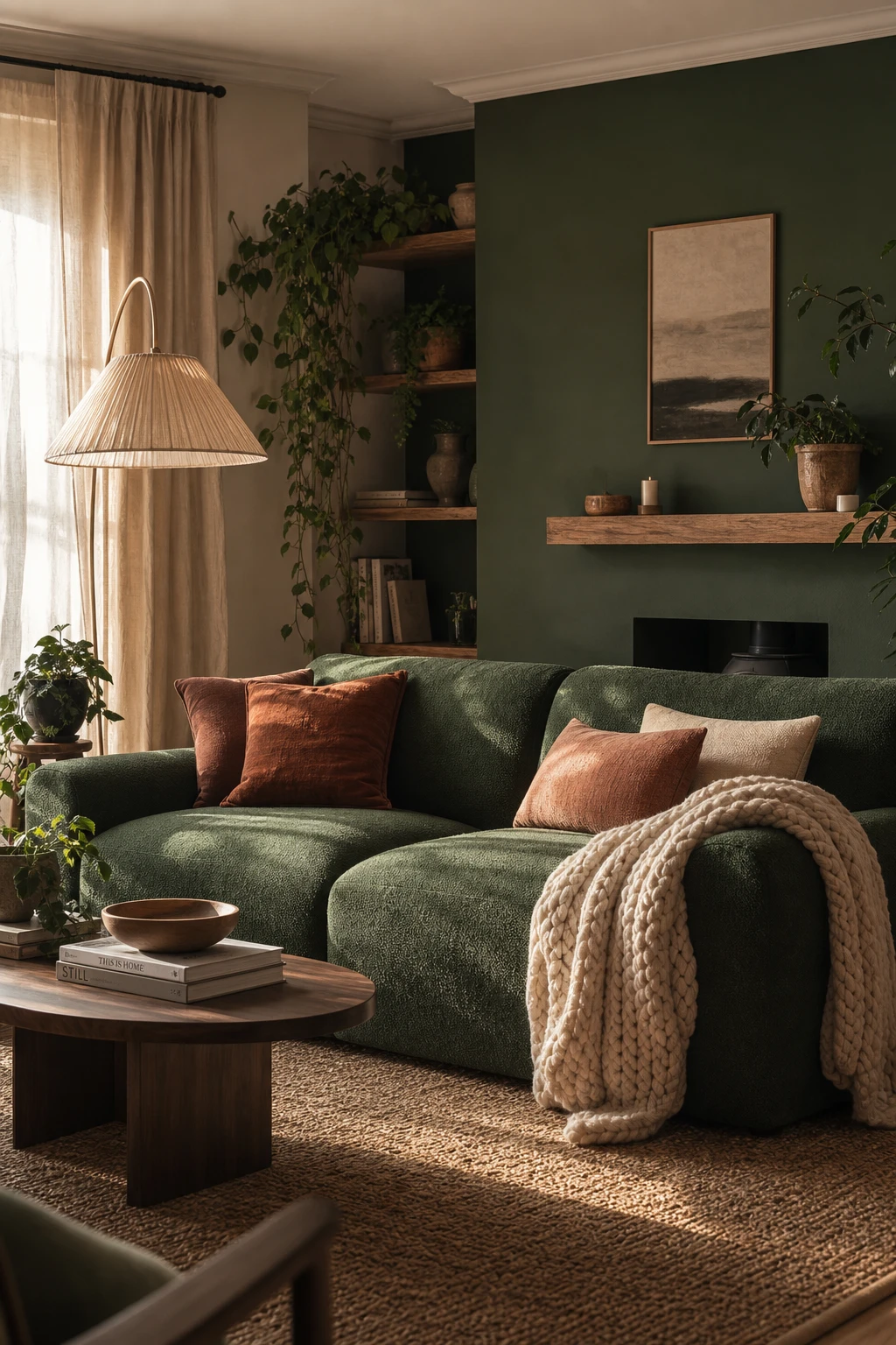 Cozy living room with a forest green couch as the hero, styled with warm textiles, a wooden coffee table, and soft afternoon light on Grove Green painted walls