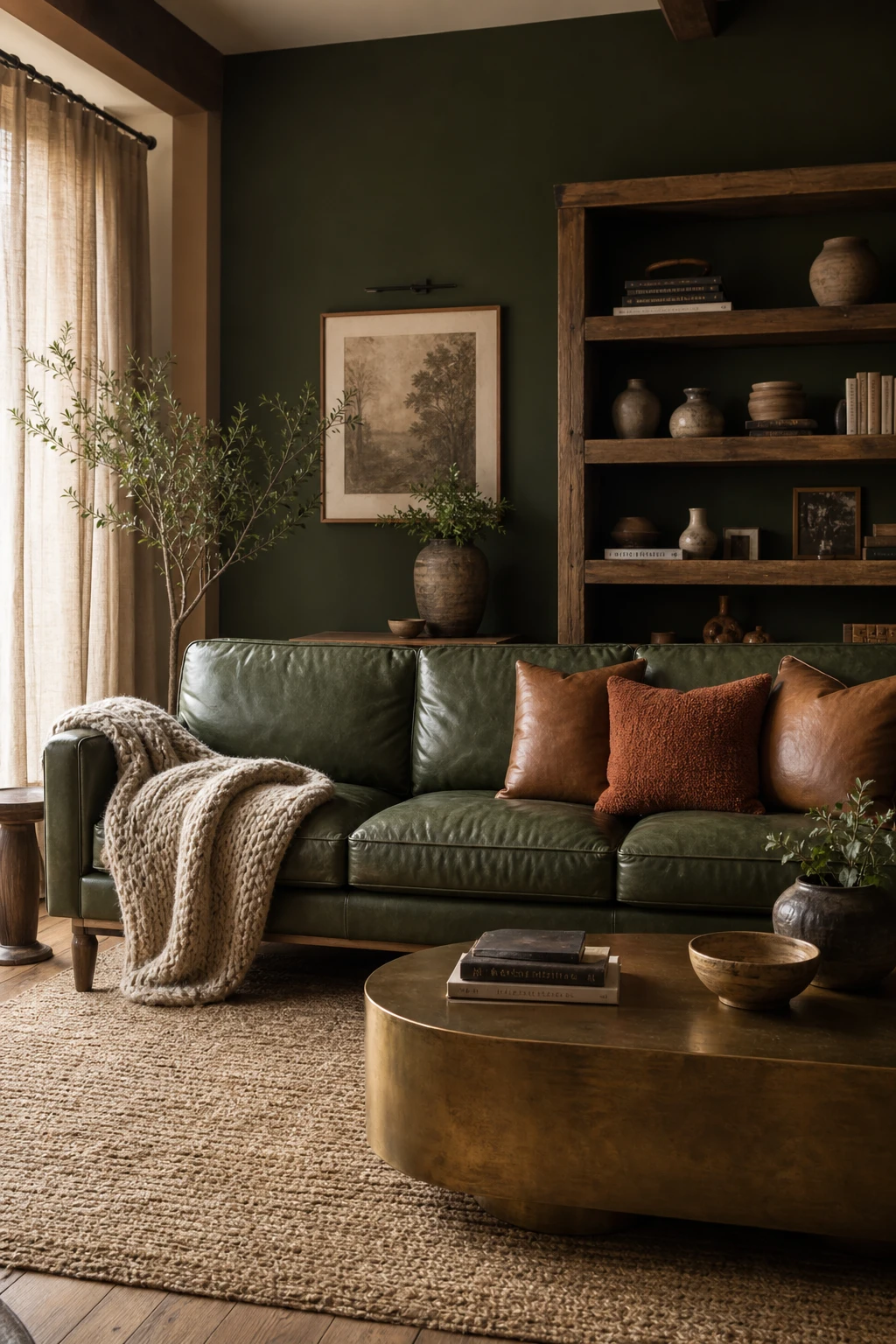 Cozy living room with a green leather couch as the focal point, styled with warm textiles, timber shelving, and Farrow and Ball Carriage Green walls