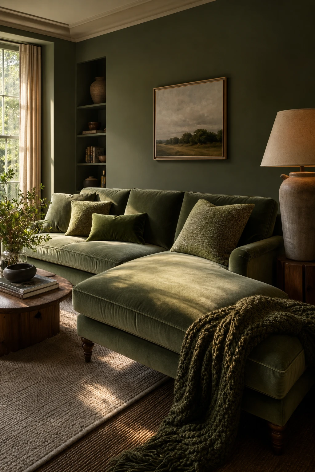 Cozy living room with a green sofa and chaise lounge extension, sage green walls, warm afternoon light, layered textiles and natural wood accents