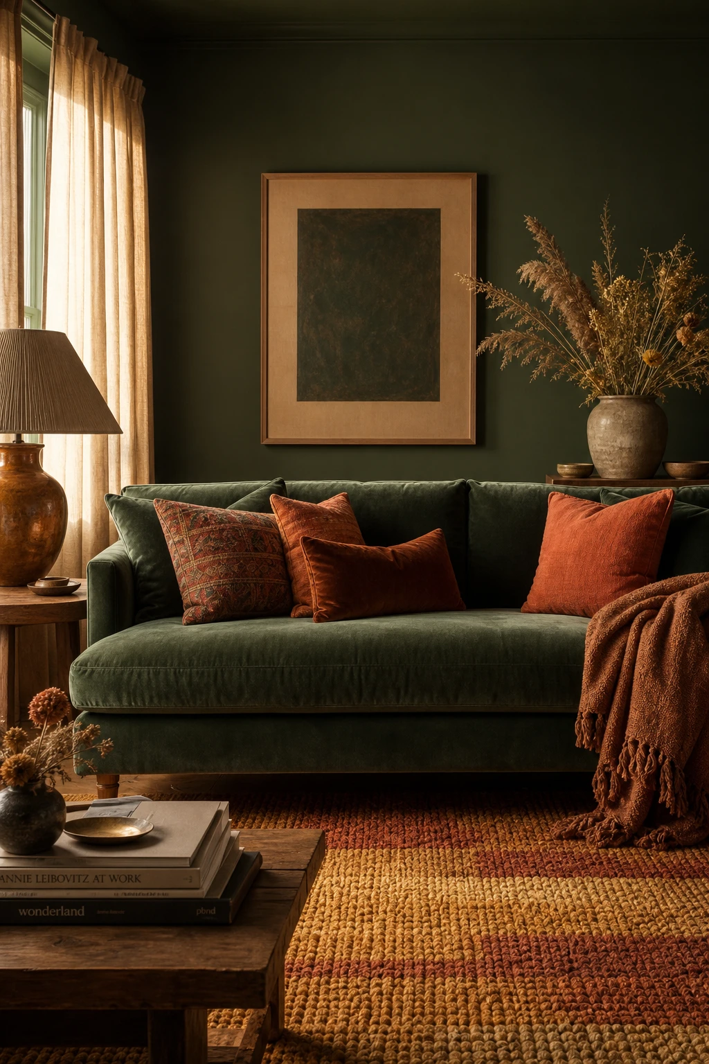 Cozy living room with a green sofa and rust accents, Farrow and Ball Churlish Green walls, warm evening light, layered textiles and natural materials