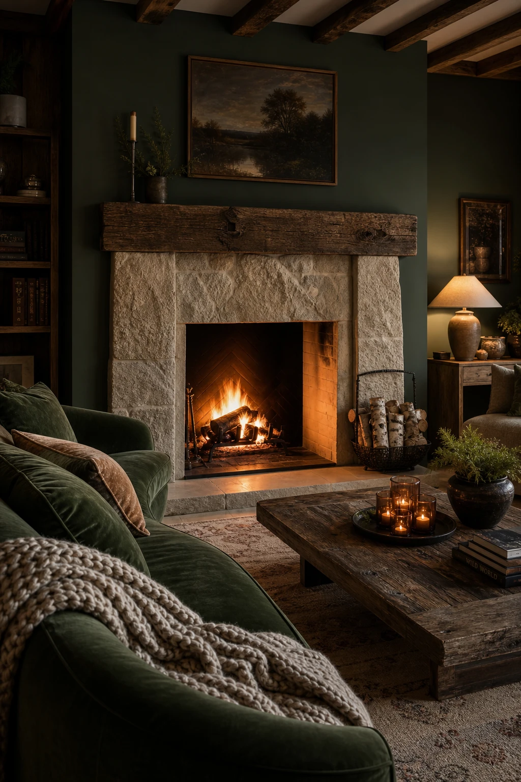 Cozy living room with a green sofa beside a rustic stone fireplace painted in Farrow and Ball Monkey Puzzle deep green, warm evening light