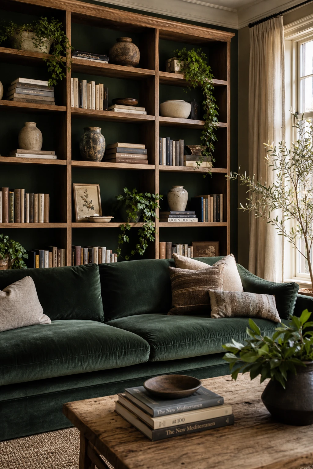 Cozy living room with a green sofa beside a styled bookcase painted Suffield Green, layered with books, ceramics, and warm ambient light