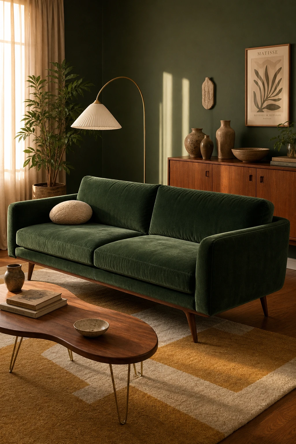 Cozy living room with a green sofa styled in mid century fashion, featuring tapered legs, walnut furniture, and Farrow & Ball Saxon Green walls