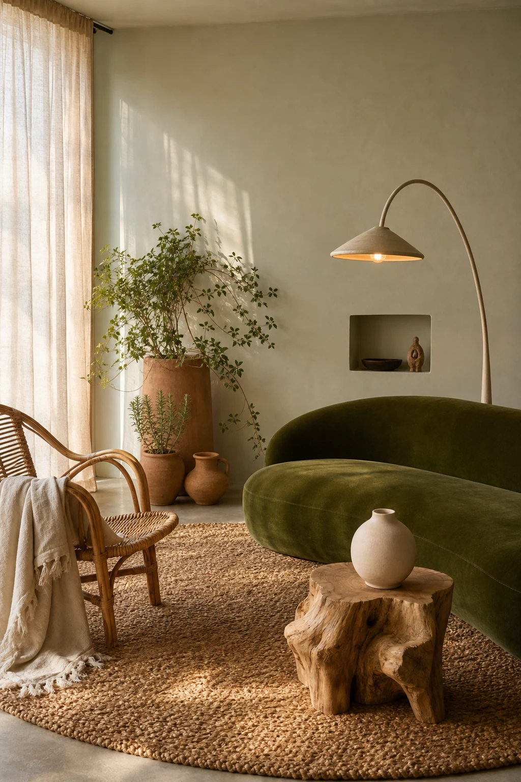 Cozy living room with a green sofa styled in organic modern fashion, featuring curved furniture, natural textures, and Farrow & Ball Vichyssoise painted walls