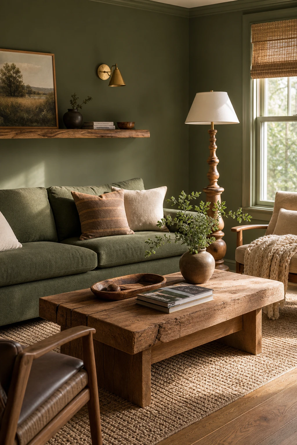 Cozy living room with a green sofa surrounded by natural wood details, warm afternoon light, and Farrow & Ball Yeabridge Green walls