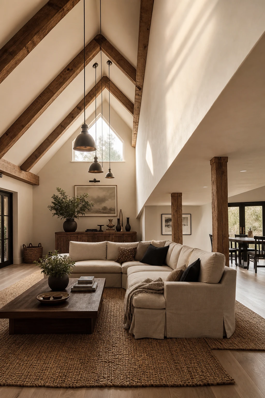 Cozy living room with a half vault ceiling transition zoning an open plan space, warm white walls, exposed timber beams, and layered soft furnishings in natural light