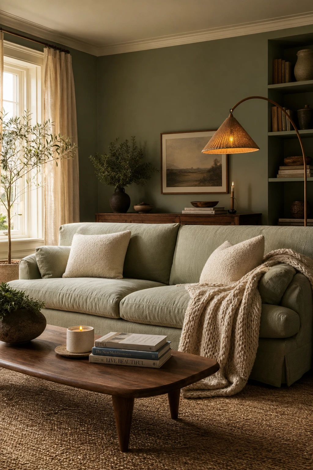 Cozy living room with a light green sofa as the hero, warm wood floor, knit throw, Farrow and Ball Vert de Terre walls, soft afternoon light