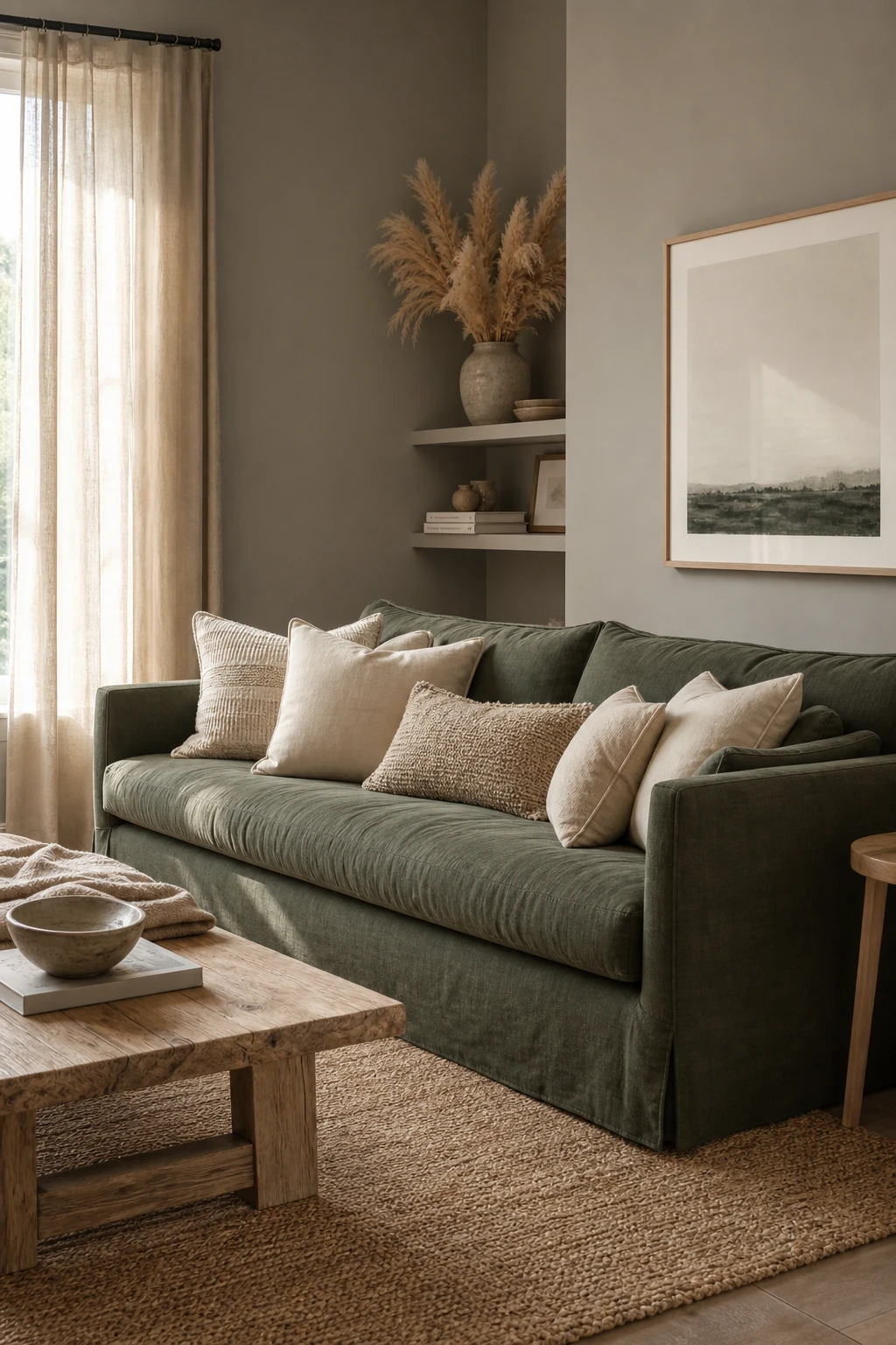 Cozy living room with a sage green sofa and beige accents, walls painted Farrow and Ball Ash Grey, warm afternoon light, magazine quality interior photography