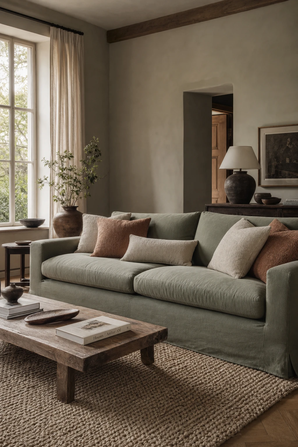 Cozy living room with a sage green sofa as the hero, warm wood coffee table, linen cushions, woven rug, and Farrow and Ball Mizzle walls in soft natural light