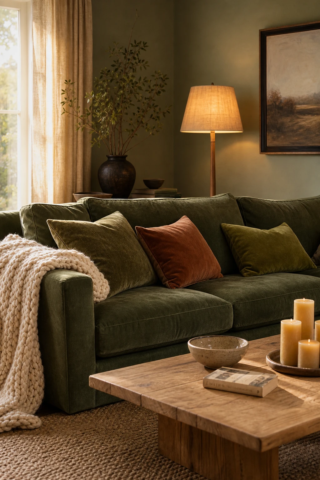 Cozy living room with a suede green couch as the hero, sage green walls in Farrow and Ball Lichen paint, soft throws and warm lamp light