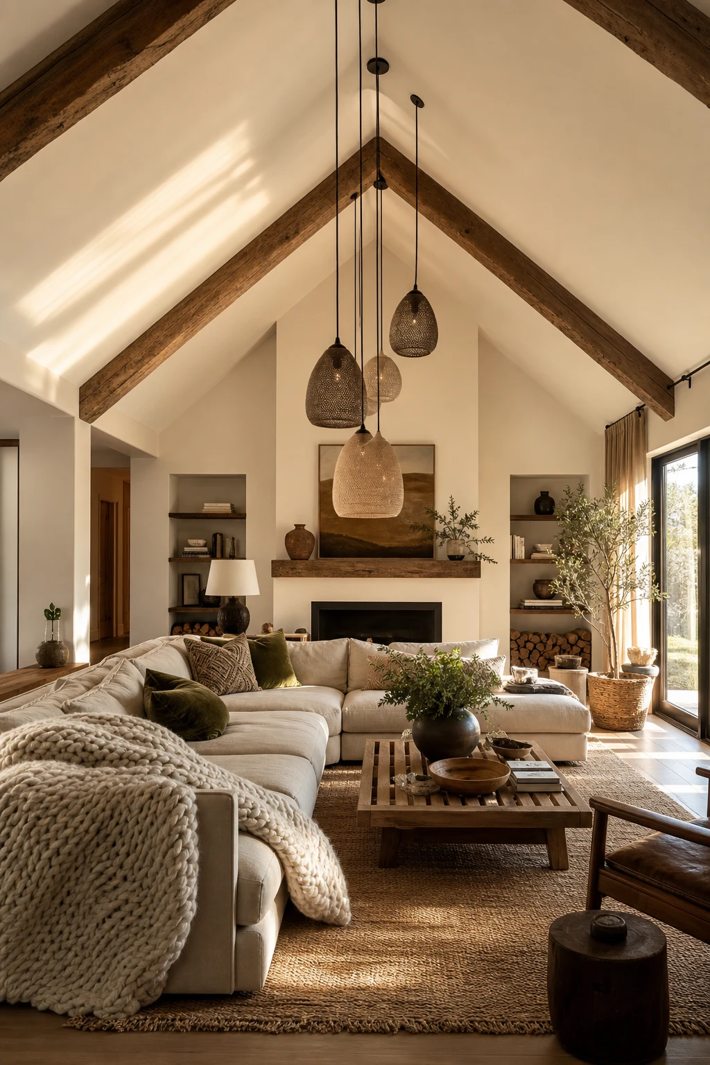 Cozy living room with an all white vaulted ceiling, exposed wooden beams, a plush sofa, soft textile layers and warm afternoon light streaming through tall windows