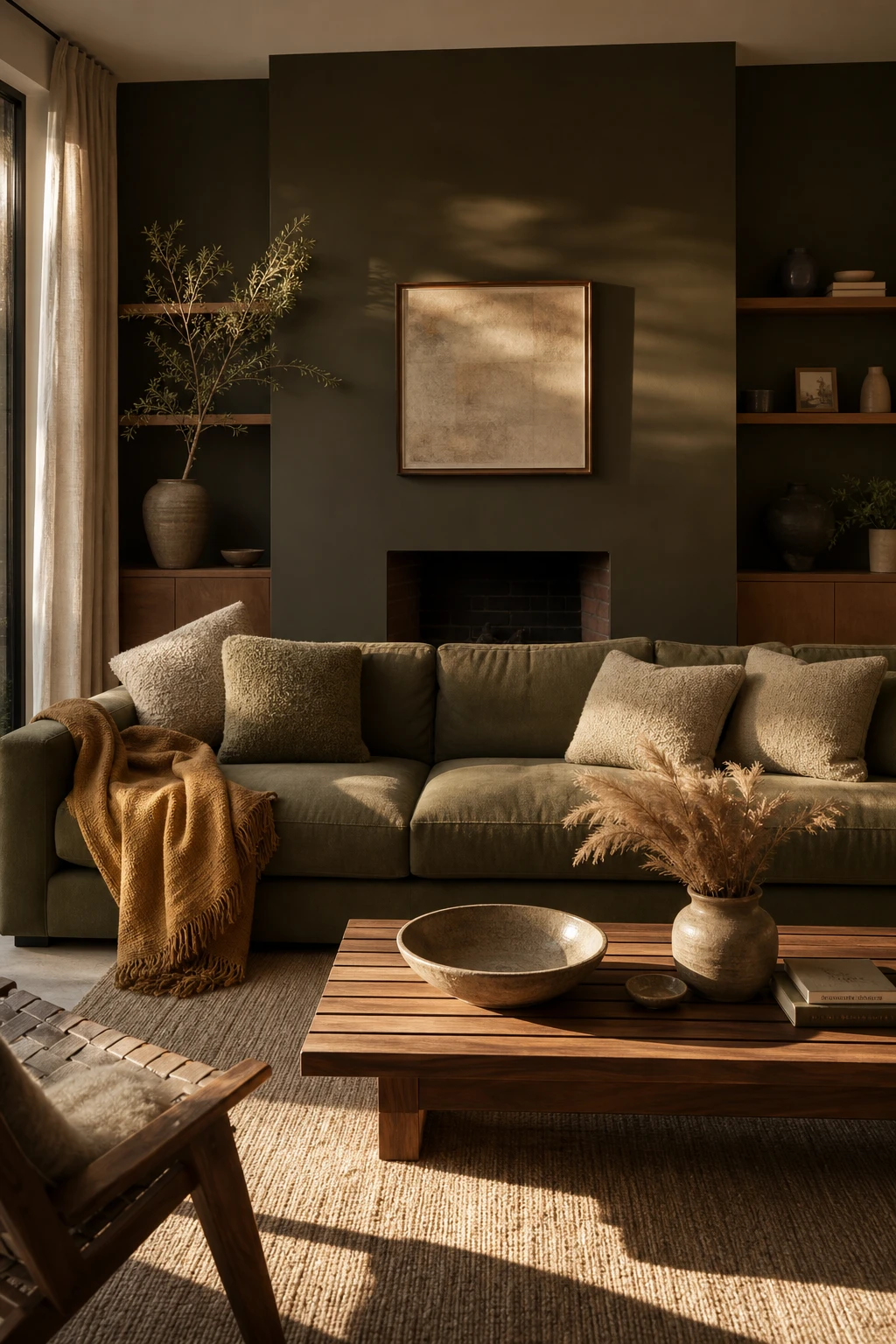 Cozy living room with an olive green sofa paired with beige walls and warm autumn toned textiles in an earthy analogous color scheme